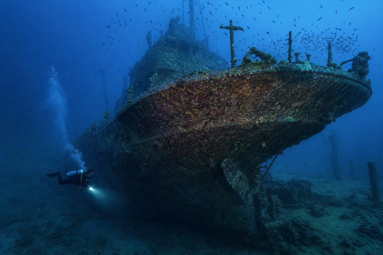 Scuba diver exploring a historic shipwreck — one of the world's best wreck dives