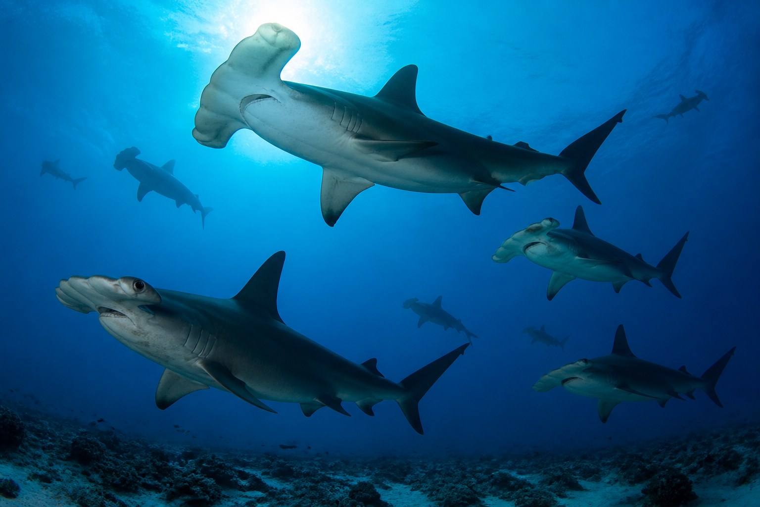 School of hammerhead sharks swimming over a reef