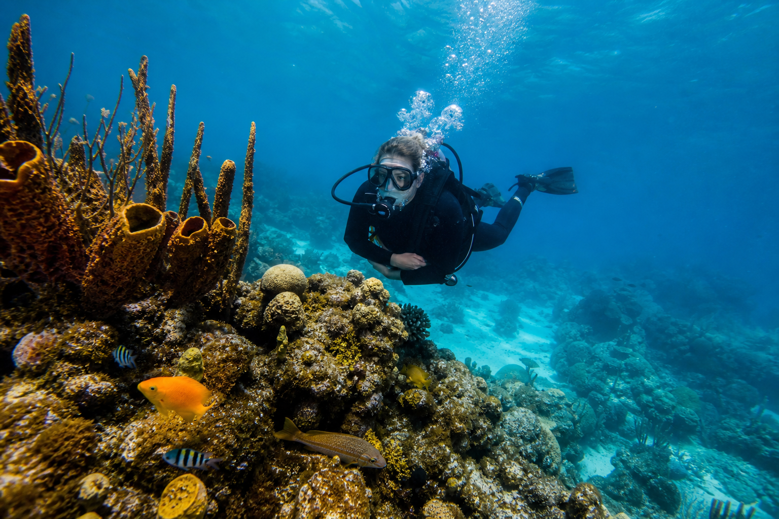 Shore diver entering clear Caribbean water in Bonaire