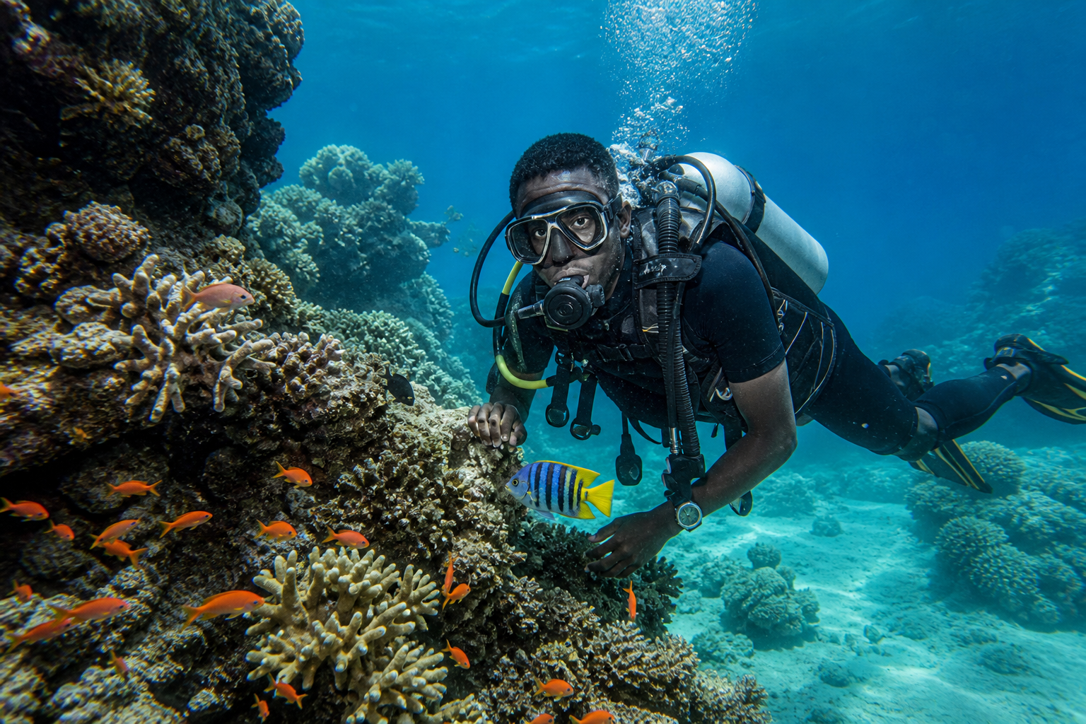 Diver exploring a coral reef off Diani Beach, Kenya