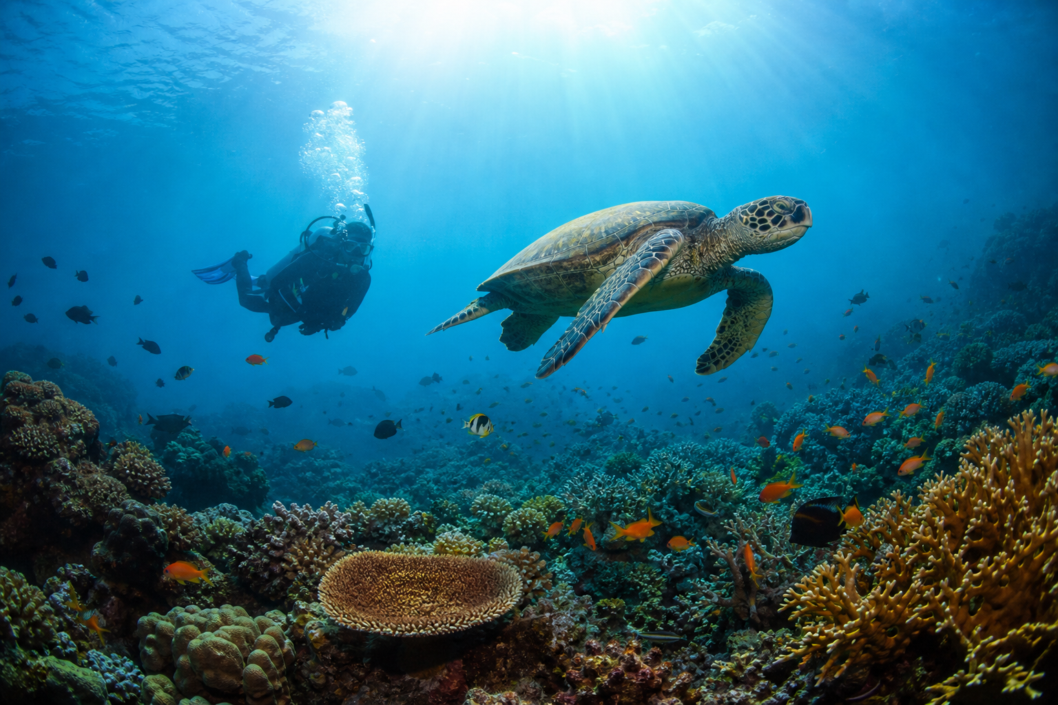 Scuba diving in Indonesia with coral reefs and tropical marine life