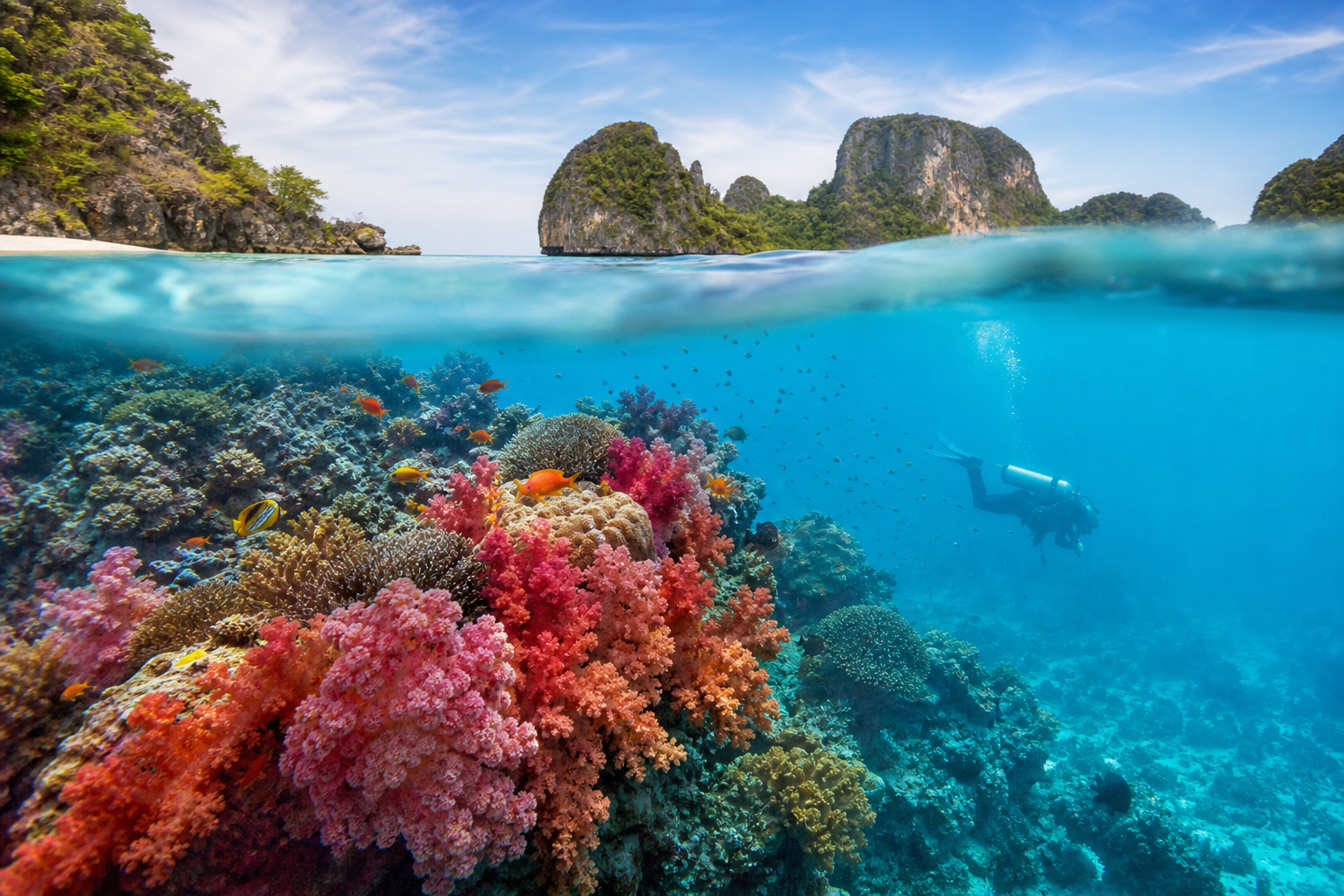 Scuba diver exploring a vibrant coral reef in Thailand's Andaman Sea
