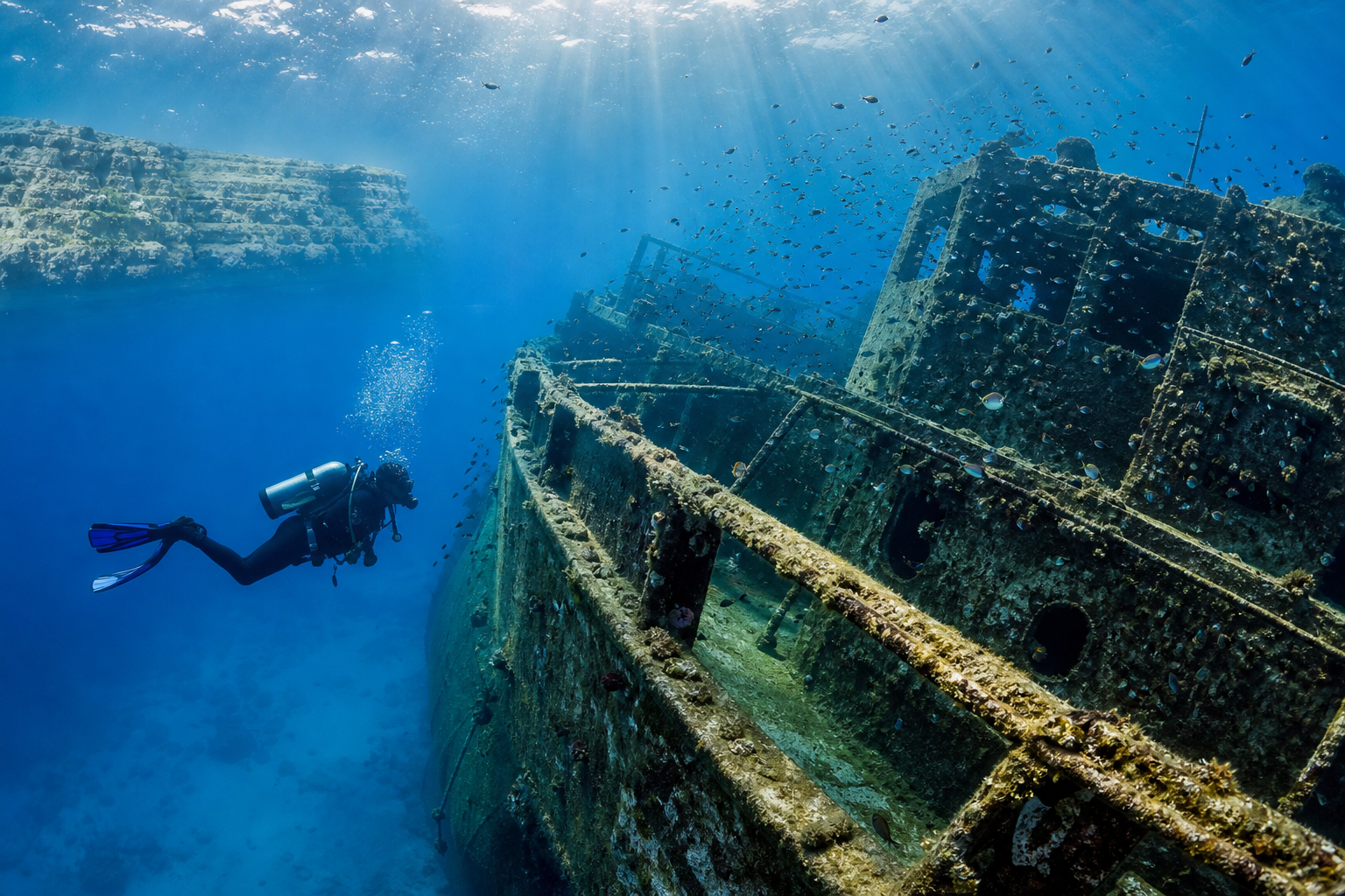 Scuba diver exploring a shipwreck in Malta's clear Mediterranean waters