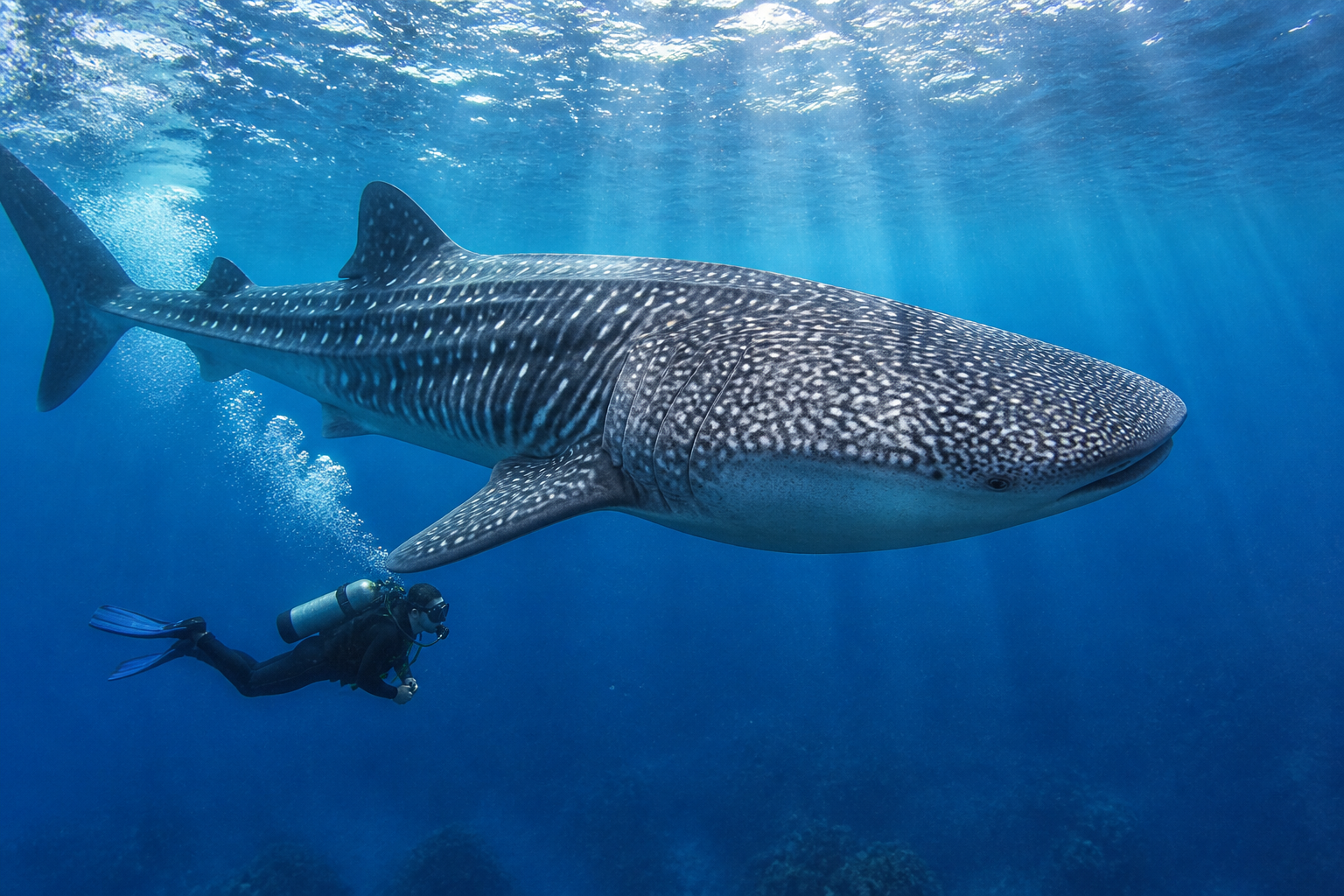 Whale shark swimming near snorkelers in clear blue water
