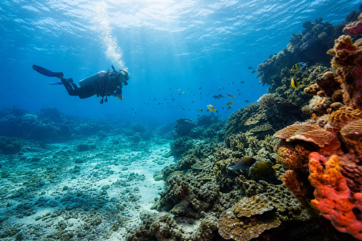 Scuba diver over coral reef in Mexico