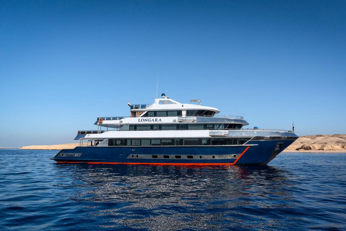 The Longara liveaboard yacht anchored off the Egyptian Red Sea coast