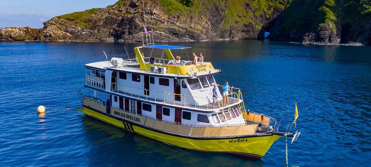 MV Marco Polo liveaboard at anchor in the Similan Islands area, Thailand